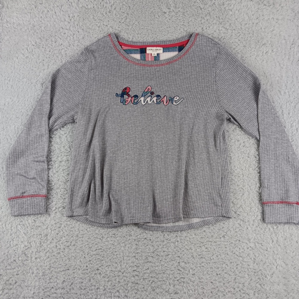 Laura Ashley Womens XL Grey Ribbed Believe Plaid Embroidered Pajama‎ Top